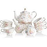 Sweejar Porcelain Tea Set Vintage Floral, British Relief Gold Rim Teapot Cup and Saucer Sets, 22-Piece Tea Sets for Adults, with Teapot, Sugar Bowl, Milk Jug, Spoons, Cup and Saucer (Small Flower)