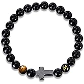 Mens Cross Bead Bracelet with Initials, Christian Rosary Obsidian A-Z Letter Black Onyx Tigers Eye Beaded Bracelet, Faith Religious Easter Catholic Communion Baptism Christmas Jewelry Gift for Men