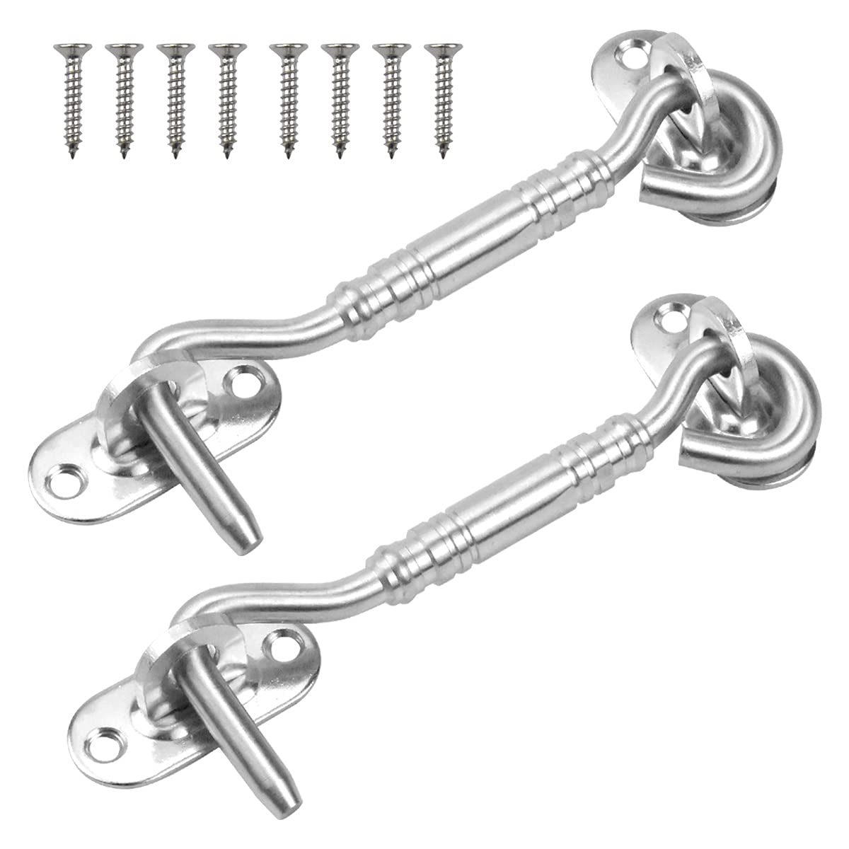 Cabin Hook 2 Pcs 4 inch Stainless Steel Door Latch and Eye Latch Silver Heavy Duty Gate Hook with Mounting Screws Metal Door Hook Latch for Shed, Garage Door, Window Brace, Cabinet