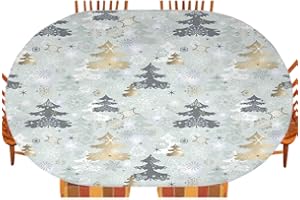 ESFVRG Christmas Oval Table Cloth, Retro Style Pine Over Snowflake Background in Pastel Tones Print, Indoor Dining and Outdoor Patio Festival Use, Fits 42" x 60" Table, Green Yellow