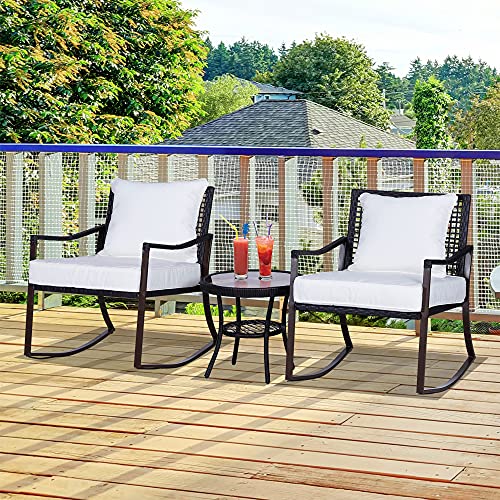 Outsunny 3 Piece Patio Rocking Chair Set, 2 PE Wicker Rocking Chairs