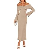 ZESICA Women's Fall Off Shoulder Sweater Dress 2025 Bell Long Sleeve Ribbed Knit Bodycon Formal Maxi Dresses