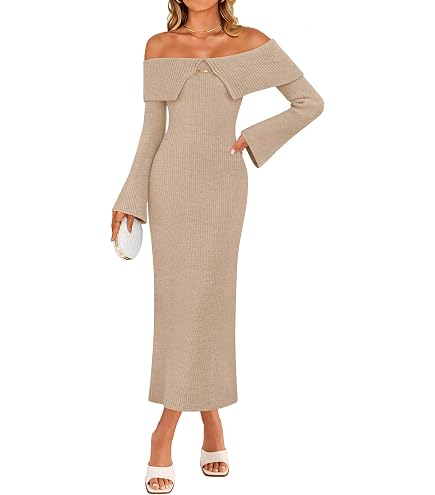 Saodimallsu Womens Off The Shoulder Maxi Sweater Dress Long Sleeve Bodycon Elegant Ribbed Knit Fall Midi Dresses Black at Amazon Women's Clothing store