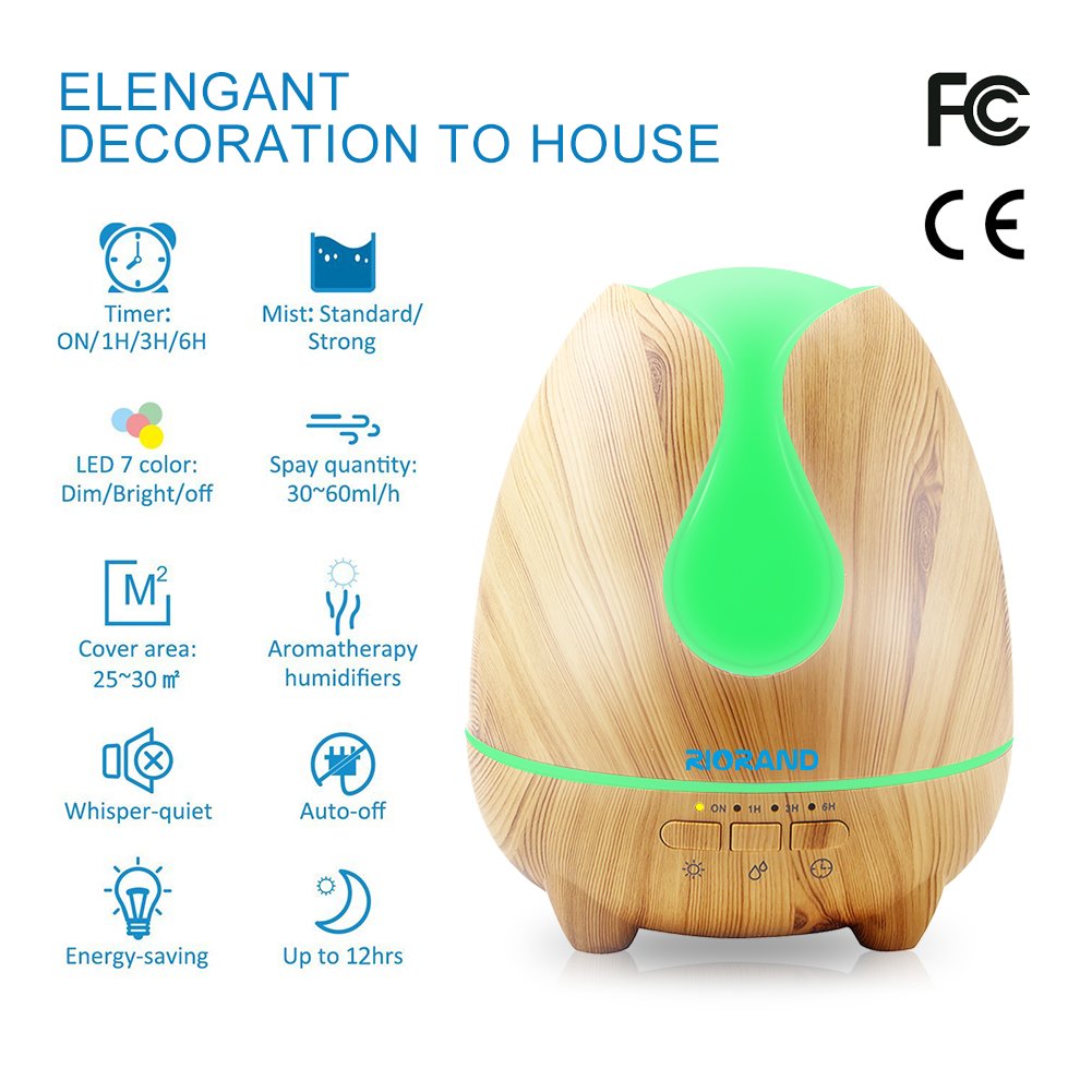 Newest Water droplets Style Aromatherapy Diffuser,7 Color LED Light,Best Yellow Wood Grain(500ml)