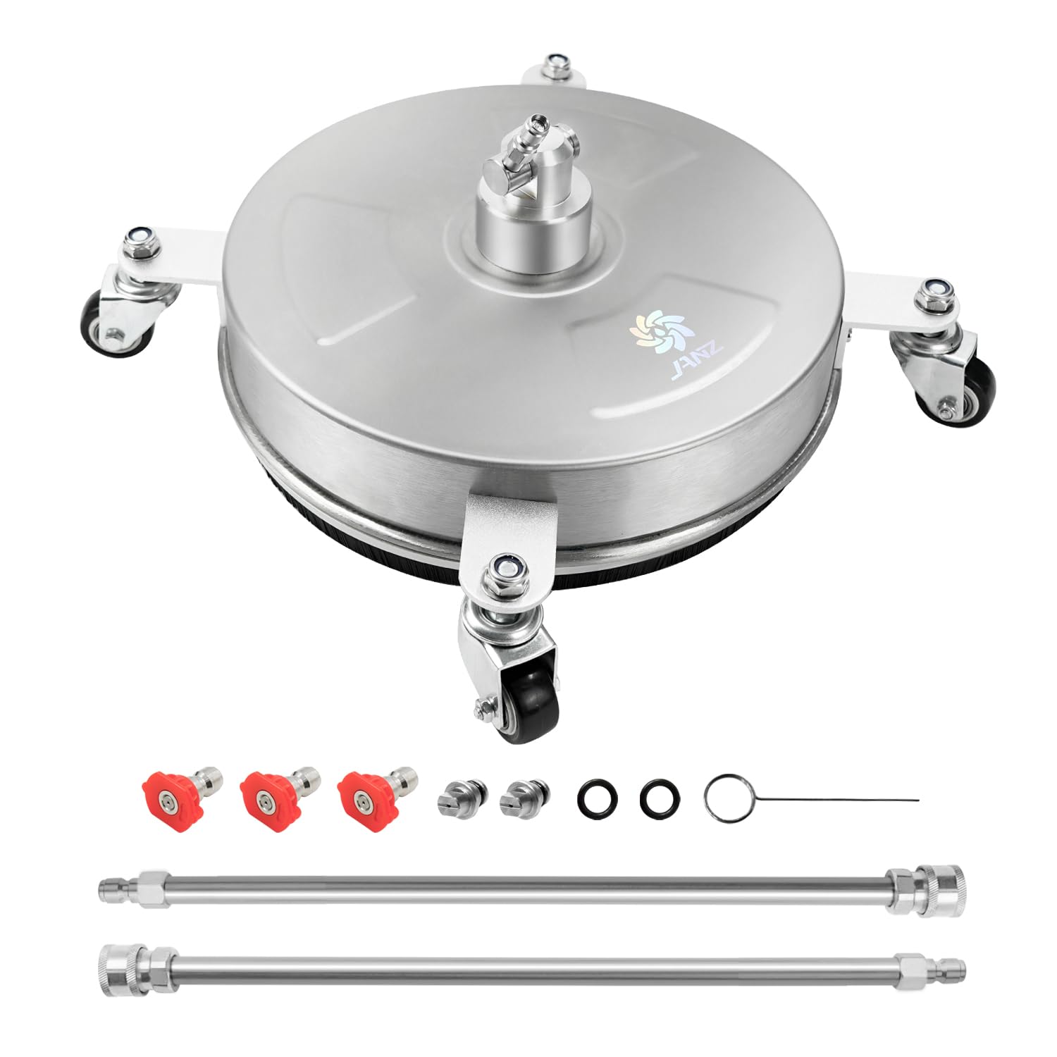 Photo 1 of janz 14" Pressure Washer Surface Cleaner with 4 Wheels, Stainless Steel Housing, 1/4" Quick Plug, 2 Extension Wands, 2 Replacement Nozzles and 3 Spray Nozzles, 4000 PSI