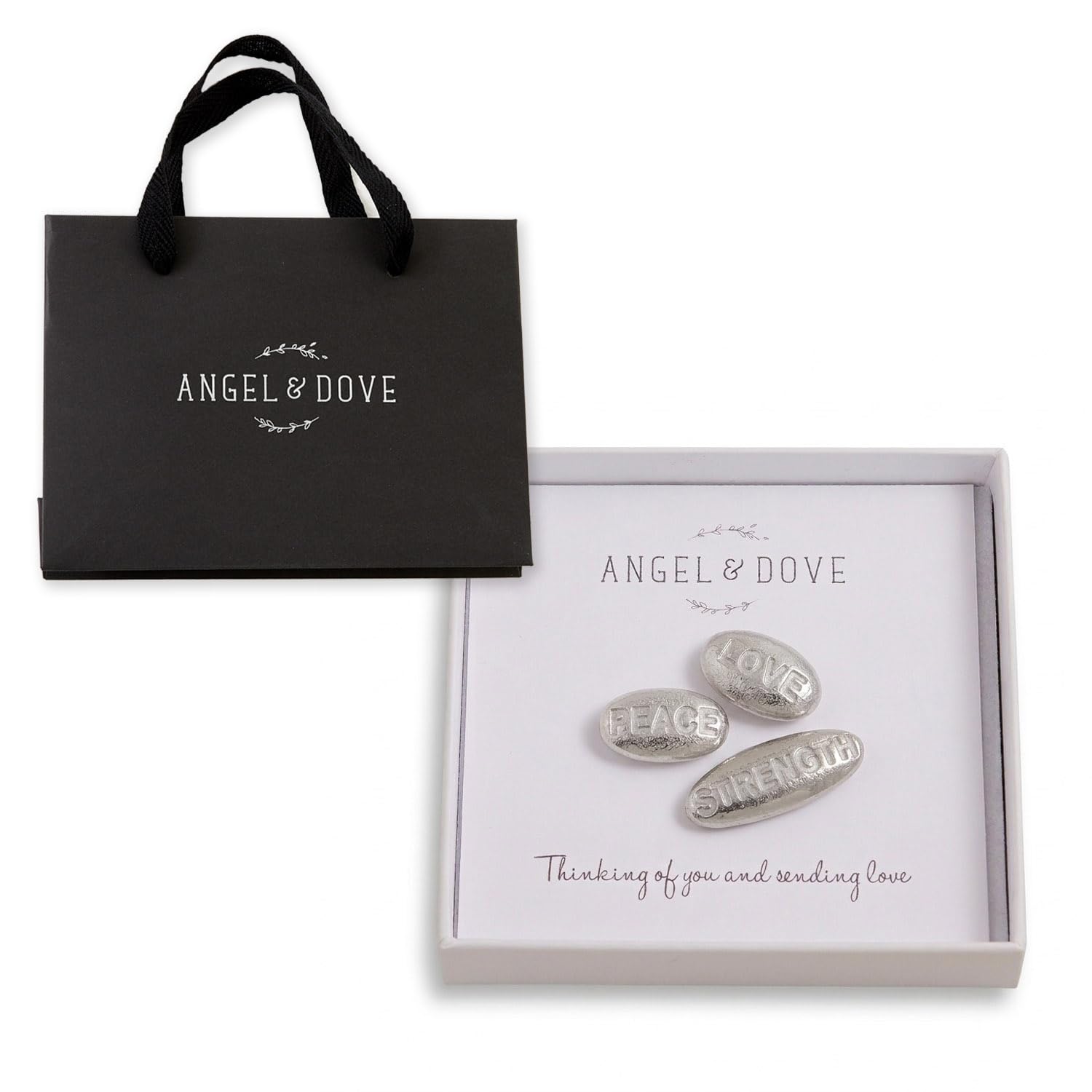 ANGEL & DOVE 3 Pewter 'Peace, Love, Strength' Pebbles Sympathy Gift with Bag & Card