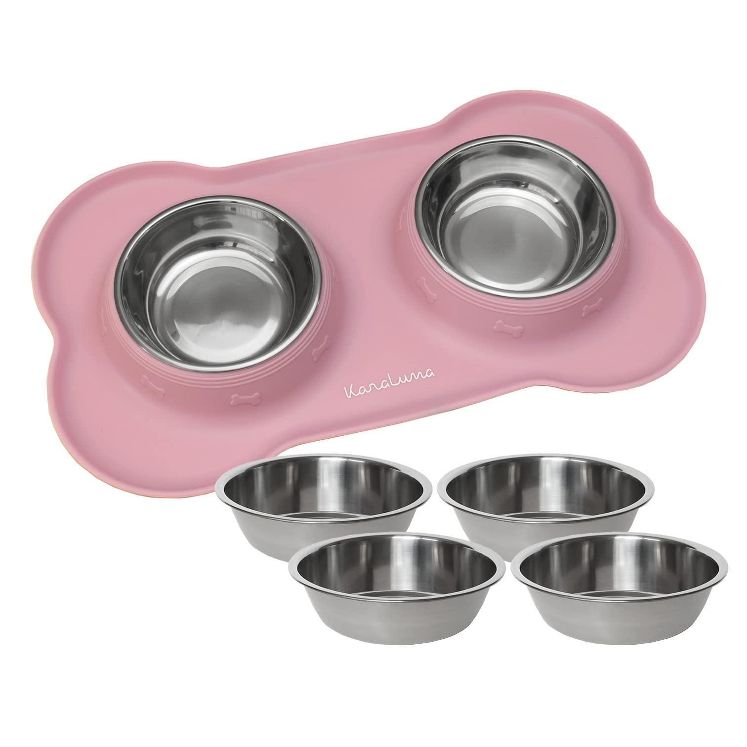 KaraLuna Silicone Bowl Mat with Stainless Steel Feeding Bowl I for Cats and Dogs (200 ml, Pink)