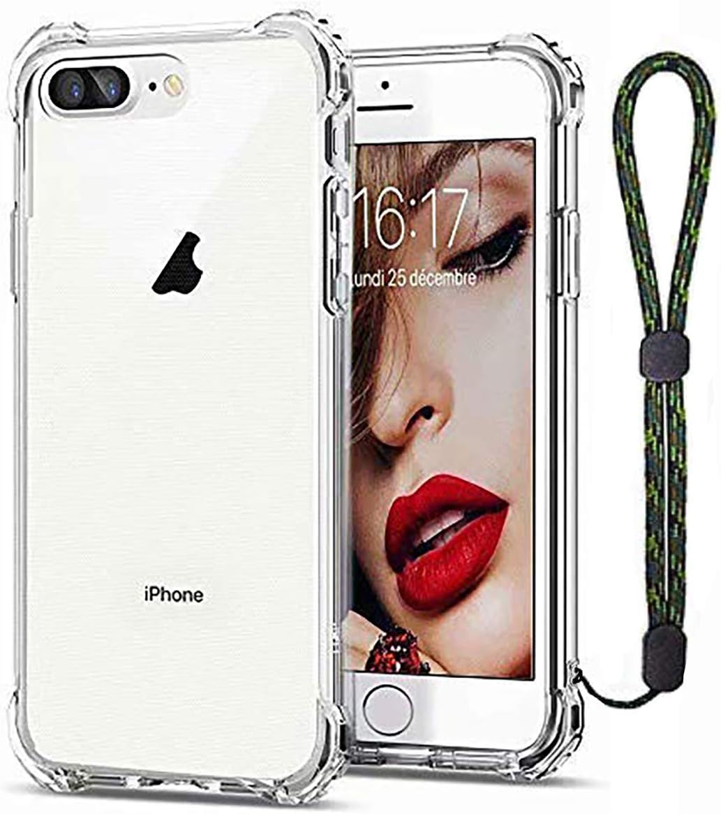 Calmpal iPhone 8 Plus / 7 Plus Case Crystal Clear Reinforced Corners Soft TPU Anti-Scratch Full Body Air Cushion Cover Case with Adjustable Camouflage Wrist Strap for iPhohe 8/7 Plus (5.5")