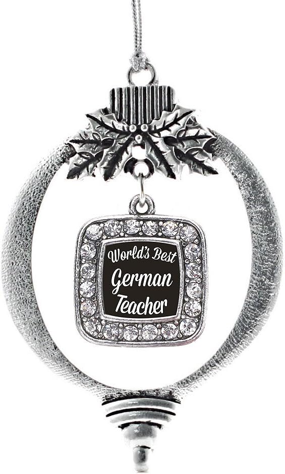 Inspired Silver - World's Best German Teacher Charm Ornament - Silver Square Charm Holiday Ornaments with Cubic Zirconia Jewelry
