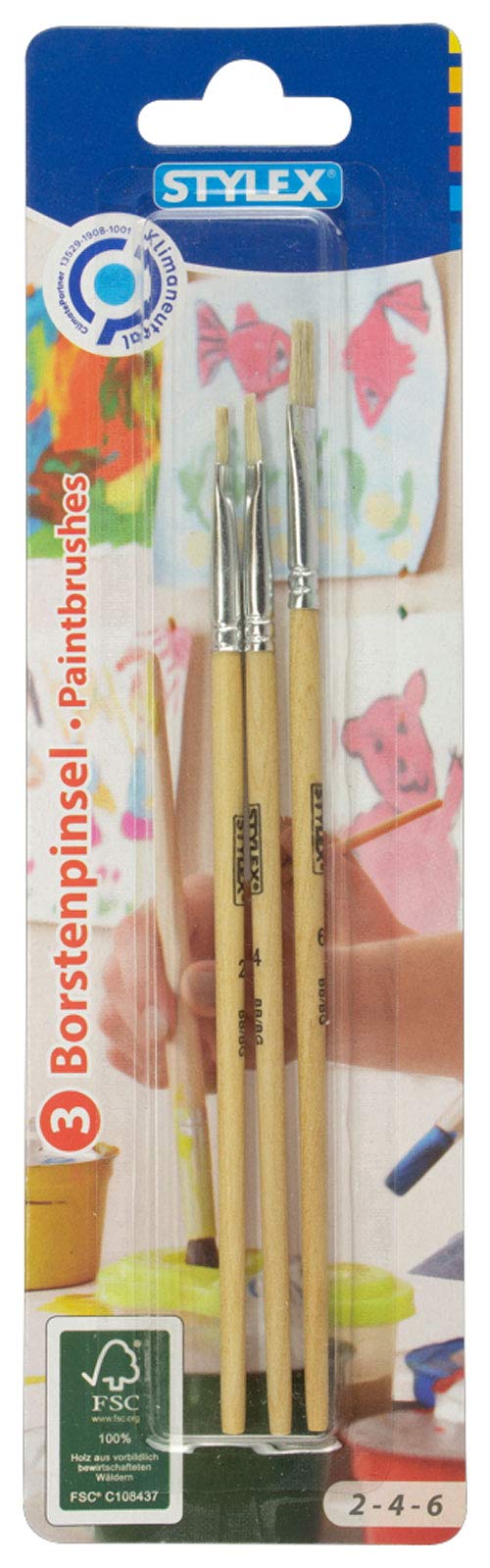 Stylex Set of 3 Flat Bristle Brushes in Sizes Top Tempera, Watercolour, Oil and Acrylic Paints Ideal for School, Multicoloured, 2, 4 und 6