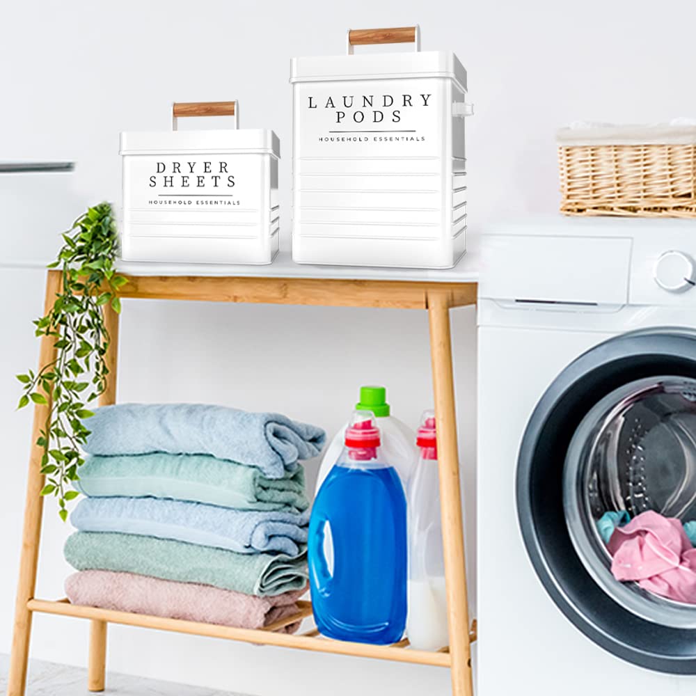 Farmhouse Metal Laundry Pods Container with Dryer Sheet Holder for Laundry Room Organization and Storage, Farmhouse Decor, Eco Frendly,Holds 200 Laundry Pods and 300 Dryer Sheets
