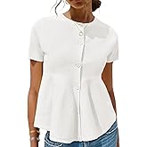 Saodimallsu Womens Short Sleeve Cardigans Ruffle Button Down Crew Neck Peplum Babydoll Knit Sweater Tops
