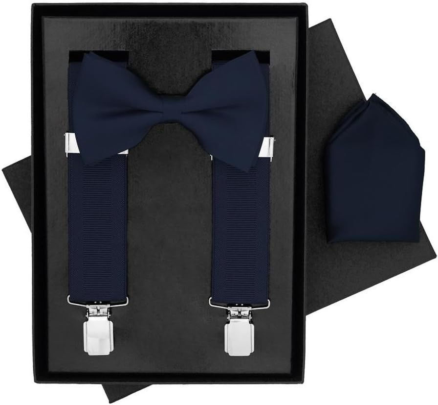 Navy Blue Classic Traditional Bow Tie Braces Handkerchief Gift Set 3 Piece