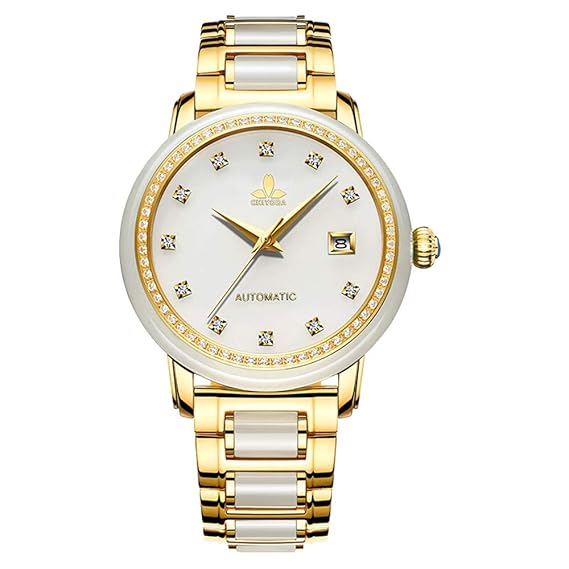 CHIYODA Automatikuhr für Damen, Eleganz Automatikuhr mit Kalender und Weiß Jade Zifferblatt, Wertvolle Uhr für Sammlung - Wei