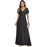 MCOLLNAS Sparkly Mother of The Bride Dress Long A-Line V-Neck Pleated Formal Bridesmaid Dress