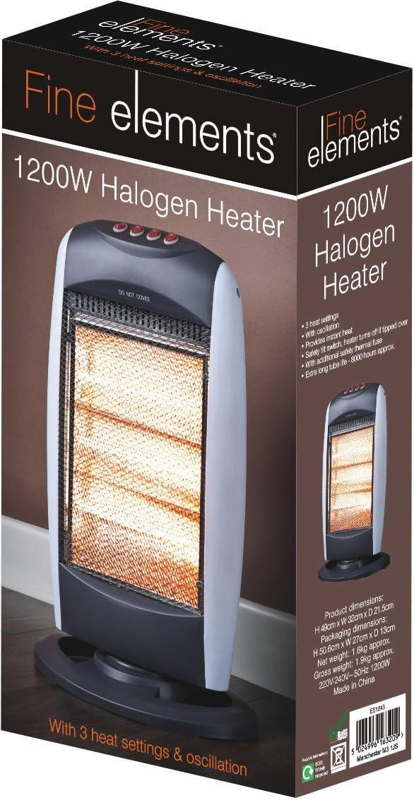 Fine Elements 1200W Halogen Heater | 3 Heat Settings & Oscillation| Safety Tilt Switch, Black