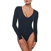 INLYRIC Women's Natrelax V Neck Long Sleeve Bodysuit Sexy Thong Body suits Tops Double Lined