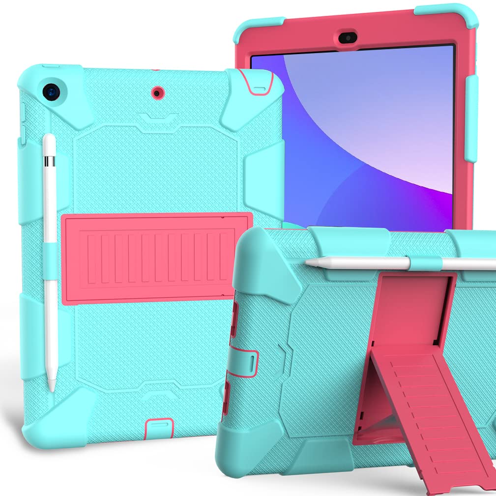 Case for iPad 10.2 Inch 9th/8th/7th gen 2021/2020/2019 with Three-in-one design, shockproof Robust case with pencil holder and stand- Mint Green+Rose