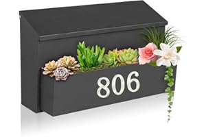 Ydocabinit Wall Mount Mailbox, Large Capacity for House, Outside, with 3 Sets of 0-9 Number Stickers & Flower Planter, Galvanized Steel Rust-Proof Metal Post Drop Box, 15.74"×9.84"×6.41" Black