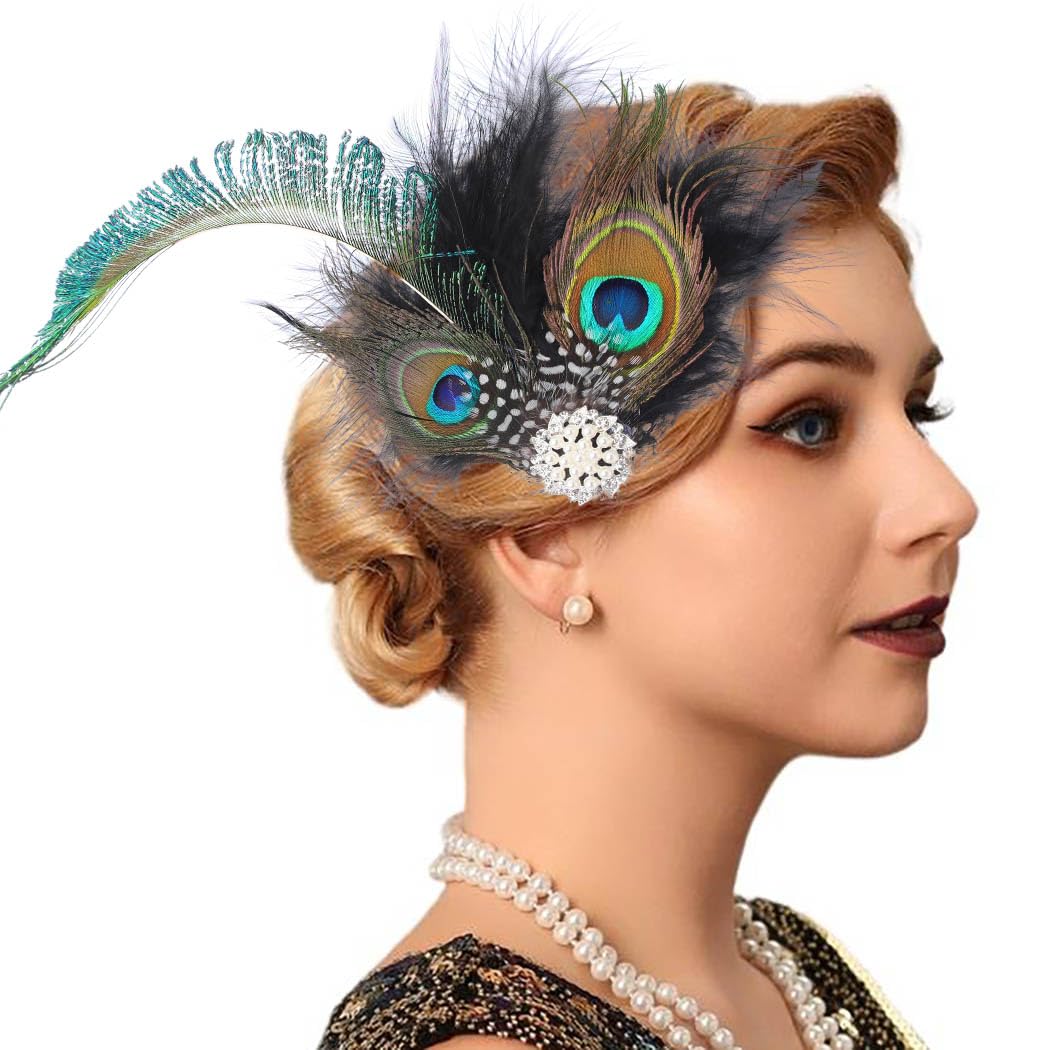 Flayem 1920s Feather Hair Clip Fascinator Gastby Flower Rhinestone Pearl Prom Costume Hair Accessory for Women (Black-Green)