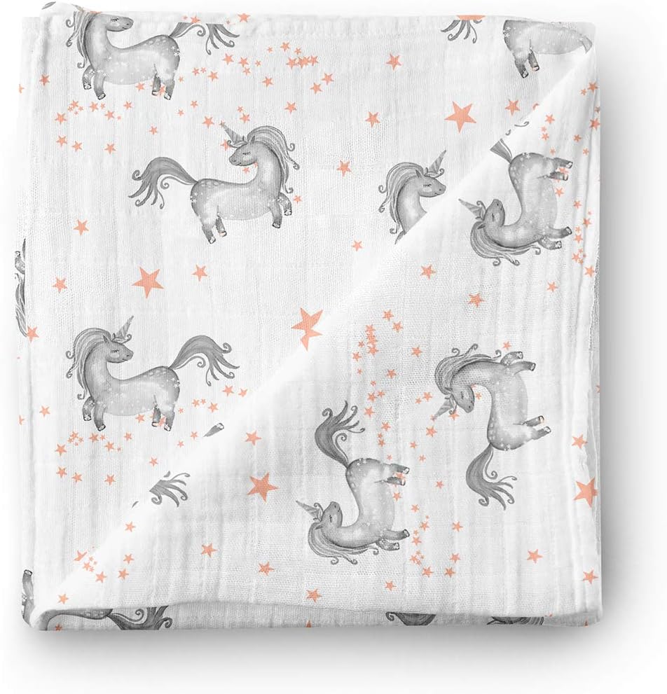 Aenne BabyMuslin Swaddle Blanket for Boys & Girls, Infant Toddler Quilt, Luxurious Wrap, Soft and Silky Stroller & Nursing Cover, Dancing Unicorns and Stars Blankie, Large 47"x 47", 1 Pack