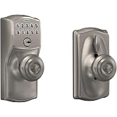 Schlage Electronic Keypad Lock with Knob, Camelot Trim, Satin Nickel | Keypad door lock with knob, Keyless entry, Push button keypad, Flex Lock auto-lock option, Certified security, FE595