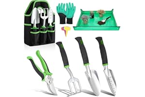 Housolution Gardening Tools Set, 8PCS Heavy Duty Garden Tools with Non-Slip Rubber Grip with Large Garden Bag for Tools Aluminum Alloy Hand Tools for Gardening,Gardening Gifts for Women and Men, Green
