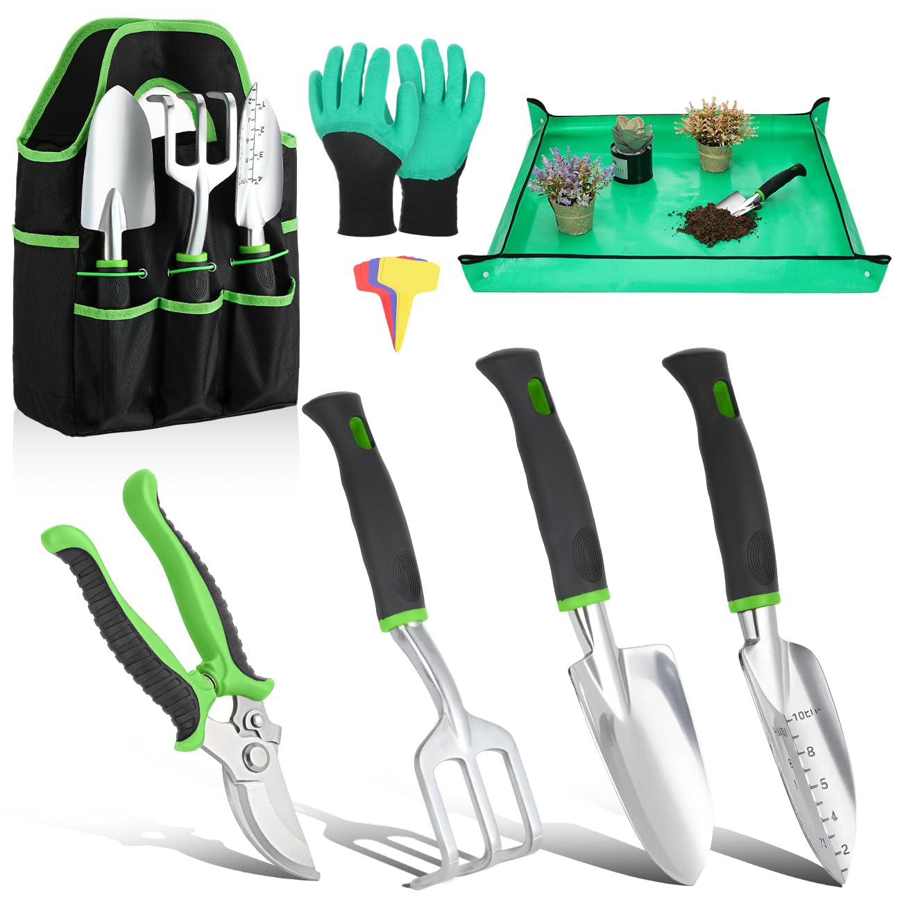 Housolution Gardening Tools Set, 8PCS Heavy Duty Garden Tools with Non-Slip Rubber Grip with Large Garden Bag for Tools Aluminum Alloy Hand Tools for Gardening,Gardening Gifts for Women and Men, Green