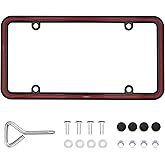 Hanwell Products 1pcs Heavy Duty Metal License Plate Frame, Made of Zinc Alloy with 4 Holes License Plate Holder Never Rust and Unbreakable, with Mounting Hardware Kit, Screws Caps (BLK-Red)