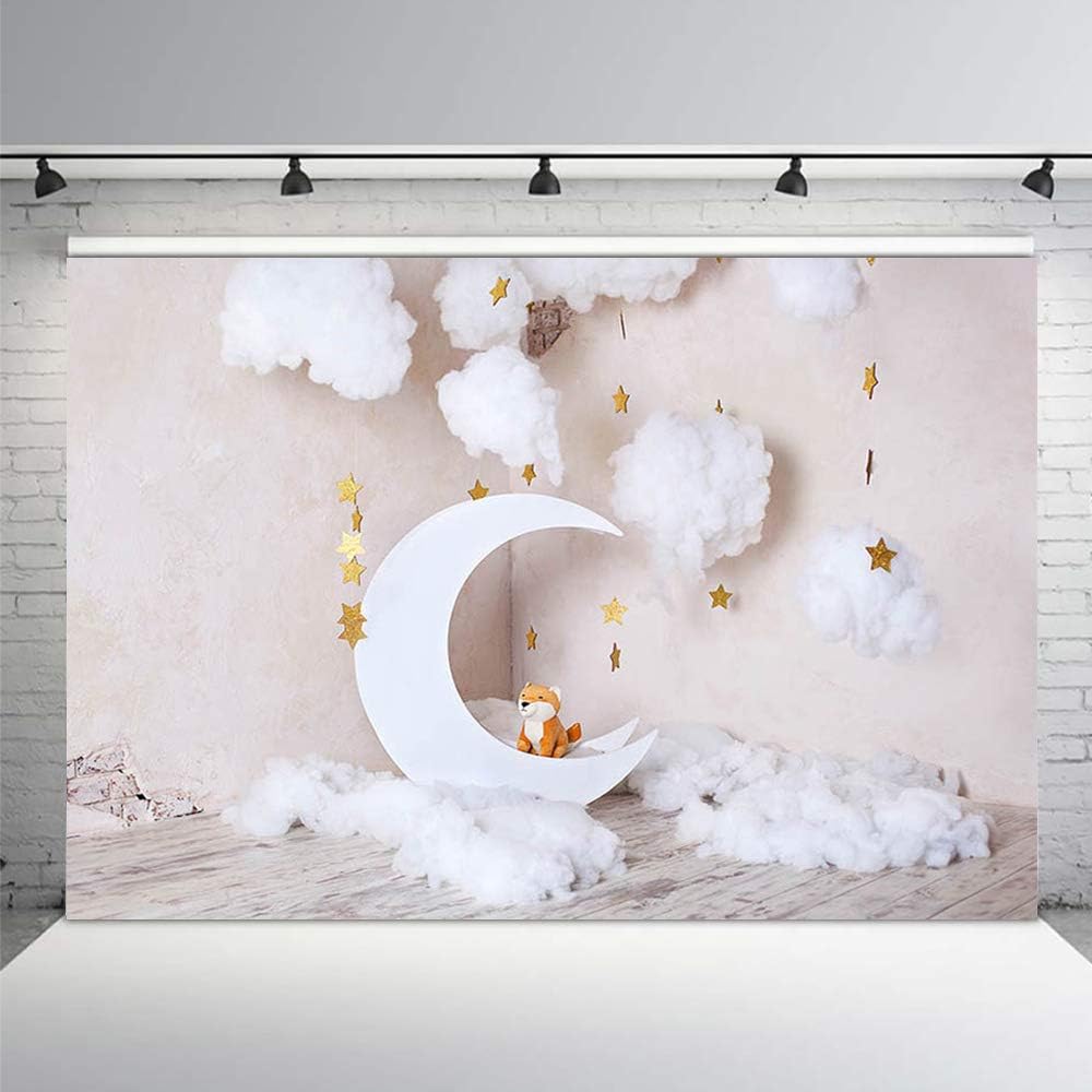 MEHOFOND 7x5ft White Moon Gold Star Photography Backdrop for Children Grey White Cloud Newborn Baby Photo Shoot Boy Girl Birthday Backdrop Banner Cake Smash Studio Photo Props - Image 3