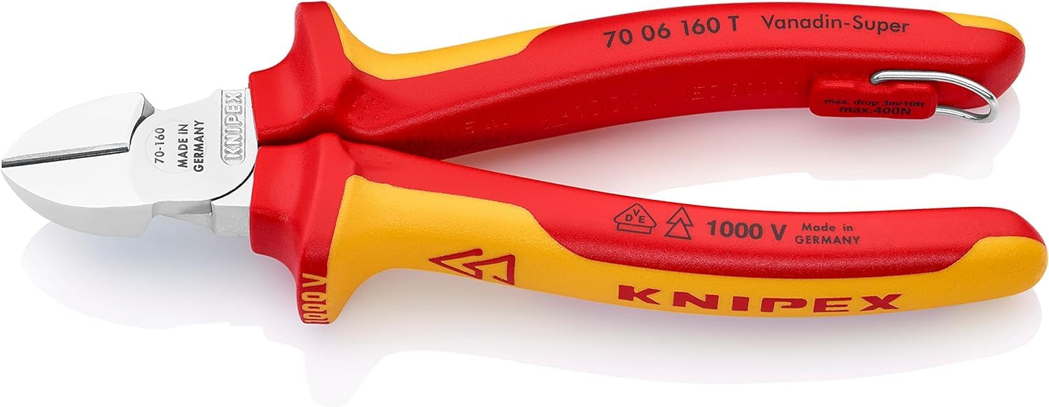 KNIPEX Diagonal Cutter in Blister Chrome-Plated Insulated with Multi-Component Grips, VDE-Tested with Integrated Insulated Tether, 70 06 160 T BK