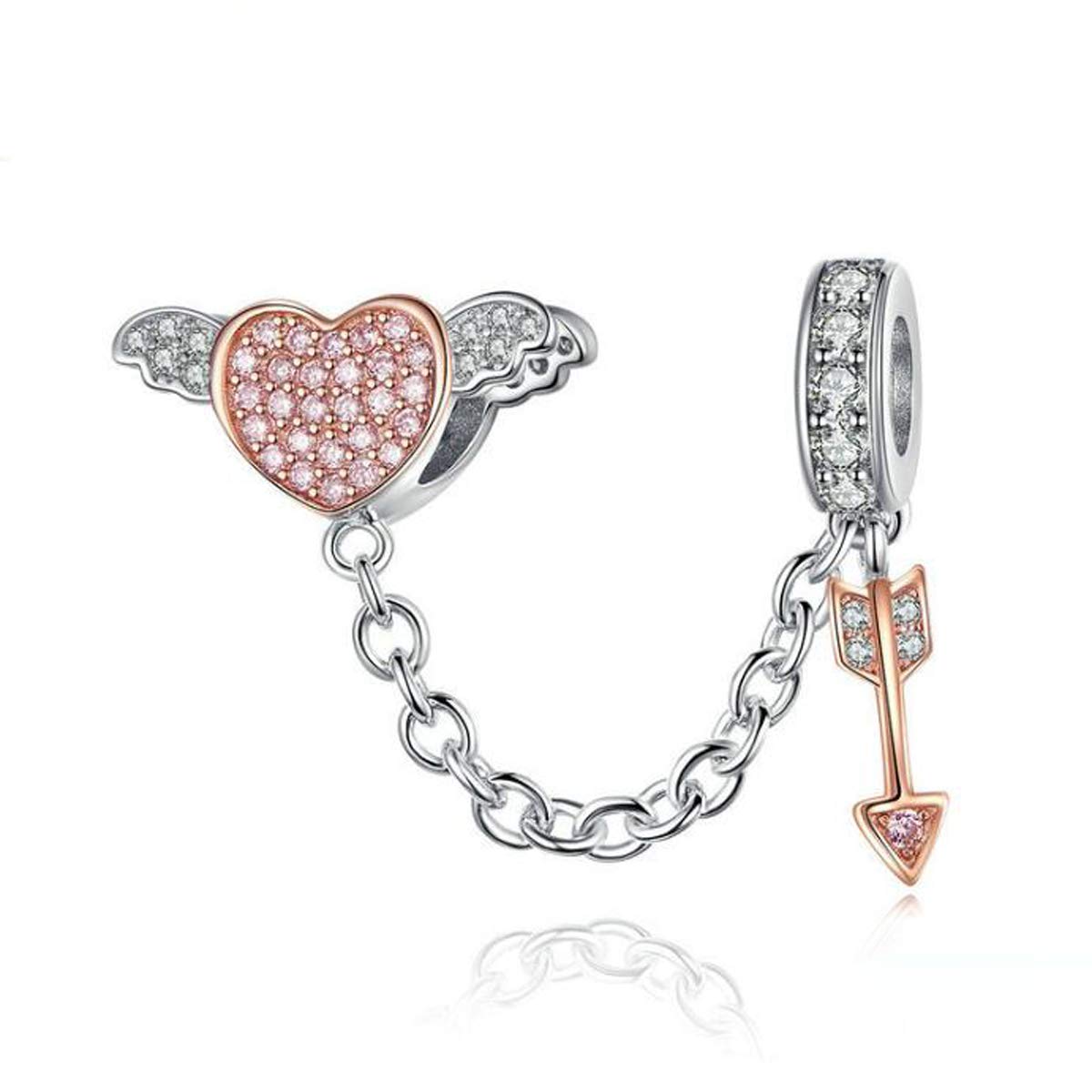 ZiNuo Charm Beads Love Heart Safety Chain 925 Sterling Silver Clip Lock Stopper Beads Safety Chain for Pandora Charm Bracelet DIY Jewelry (Arrow of Cupid Safety Chain)