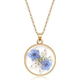 jayden Necklace for Women - Forget-Me-Not and Queen Anne's Lace Pressed Flower Necklace,Alaska State Flower,Handmade Personalized Necklaces | 18”