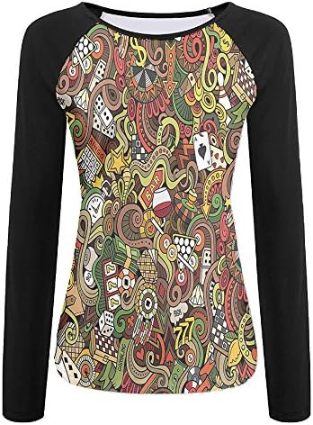 Weiding Doodles Style Art Bingo Excitement Checkers King Tambourine Vegas Women's Stretchy Long Sleeve Raglan Tshirt XL