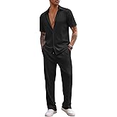 COOFANDY Men's 2 Piece Outfit Casual Short Sleeve Button Down Shirt Beach Summer Loose Pant Sets