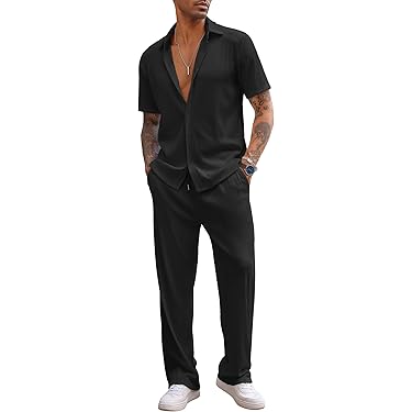 Mens Beach Outfits 2 Piece Sets Casual Short Sleeve Button Down Summer Textured Shirt P 78901062