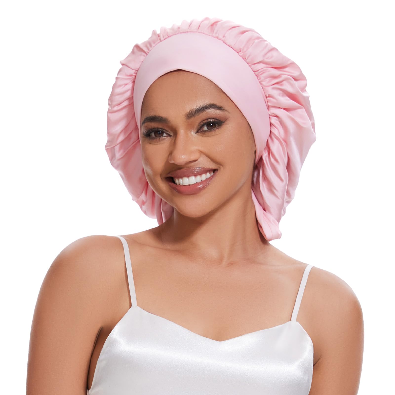 Photo 1 of 22 Momme 100% Mulberry Silk Bonnet for Sleeping for Women, Grade-6A Double-Layer Real Silk Hair Bonnet Sleep Cap Hair Wrap with Soft Long Elastic Bands (1PCS,Pink)