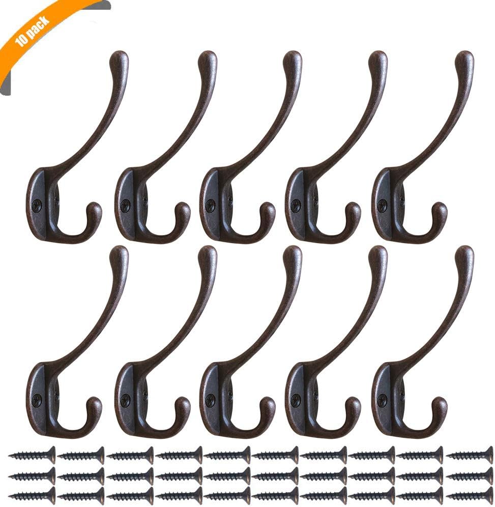 Heavy Duty Dual Coat Hooks, KUAHAIHINTERAL 10 Pack Wall Mounted Retro Utility Rustic Hooks Double Coat Hooks Hanger with Screws for Coat, Scarf, Bag, Towel, Key, Cap, Cup, Hat (Black) (Morden Copper)