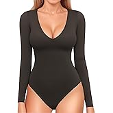 MANGOPOP Long Sleeve V Neck Bodysuits for Women Double Lined Sexy Going Out Tops Body Suit Shirts