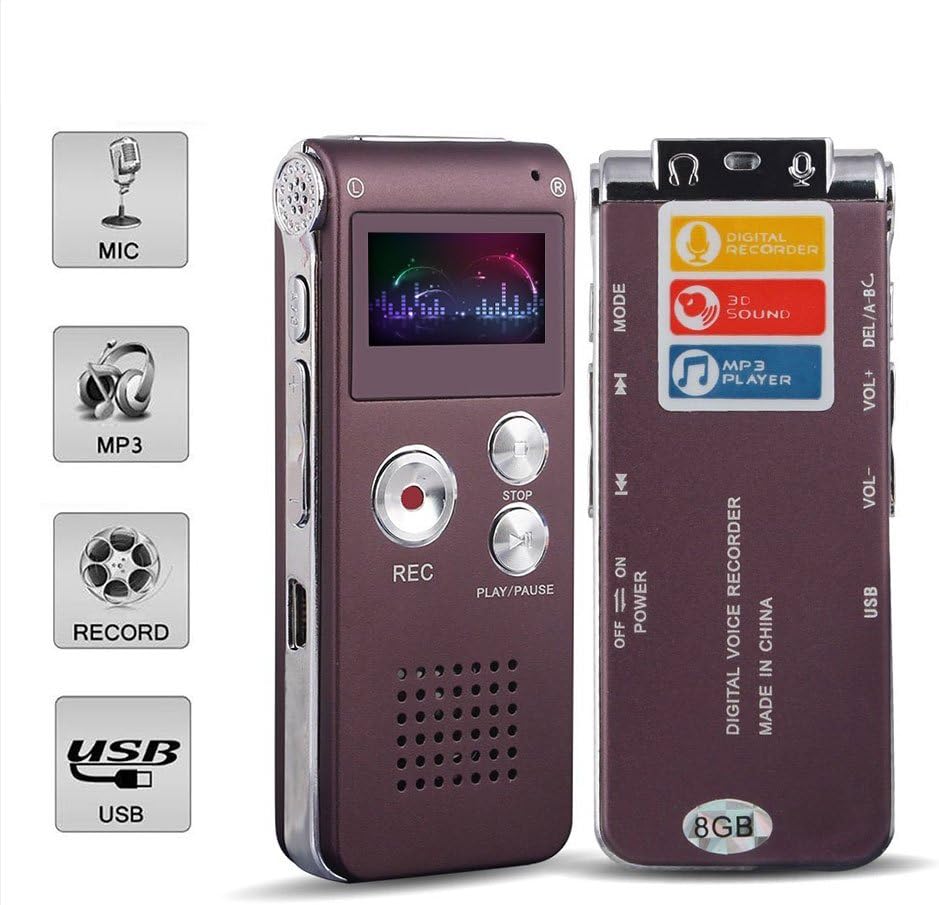 Digital Audio Voice Recorder by ROCSUN, Portable Multifunctional Rechargeable Dictaphone, MP3 Music Player, 8GB Memory Internal, USB port, Dual Microphone, Professional Dynamic Noise Reduct (Dark red)