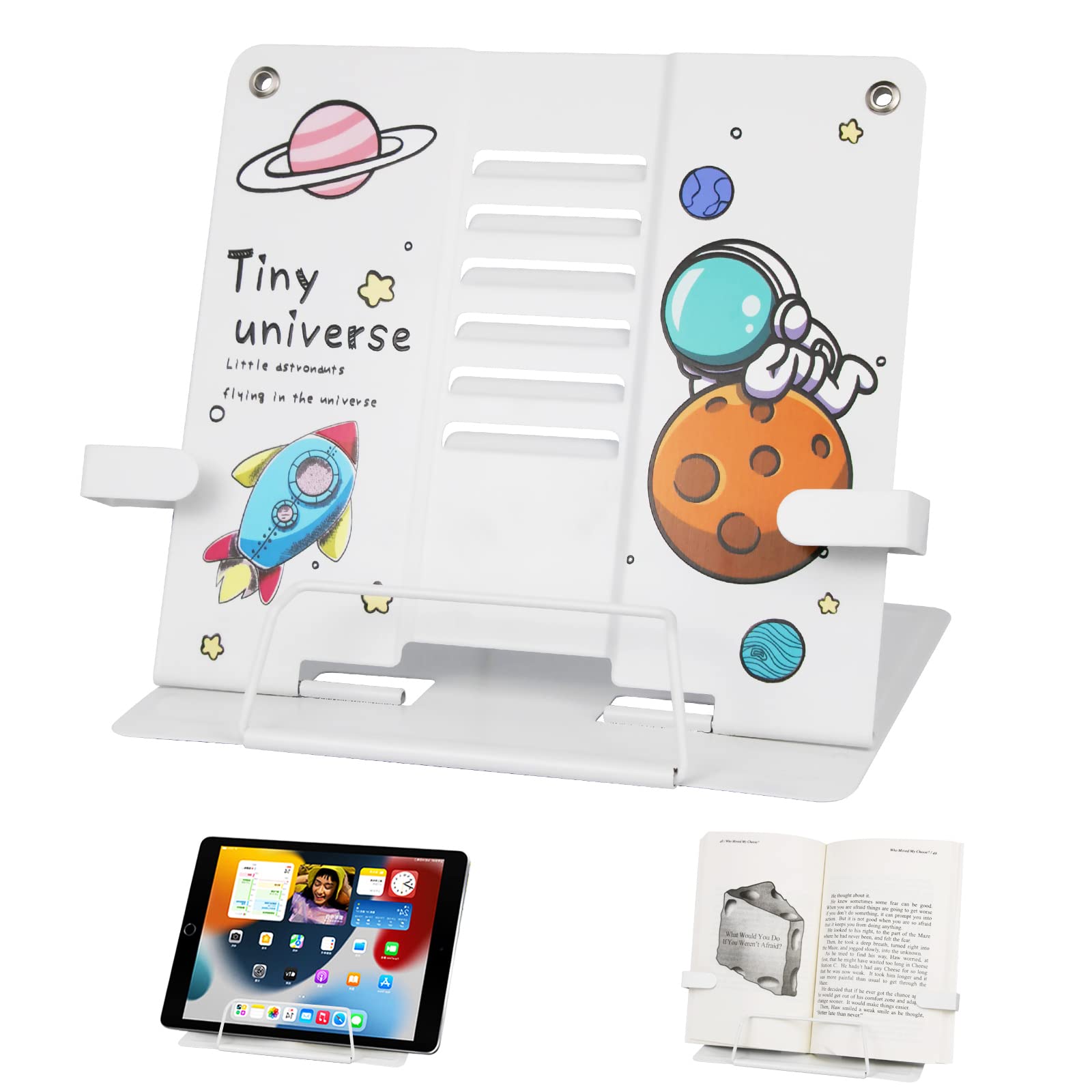 meetyours qw54 Reading Stand for Children School, Metal Foldable Multifunctional Book Stand, Bookend Kids Portable Adjustable Reading Holder Cookbook Document Holder (White),