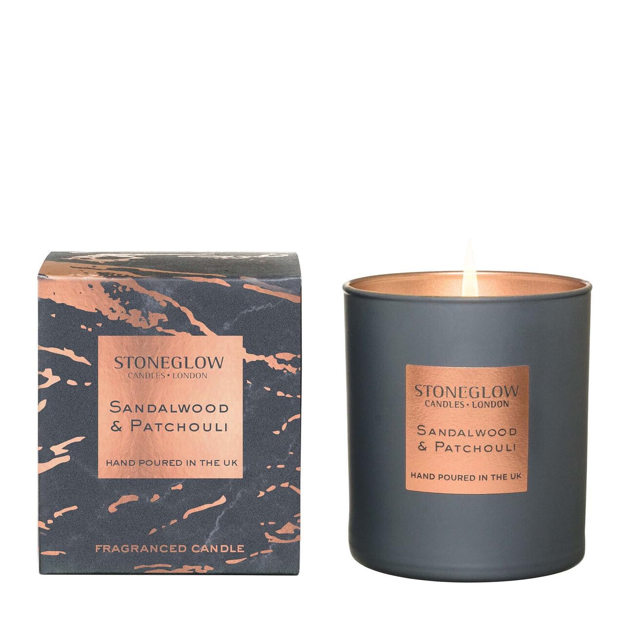 Stoneglow Luna Collection - Sandalwood & Patchouli 220 Grams Scented Candle (Dark Grey & Copper)