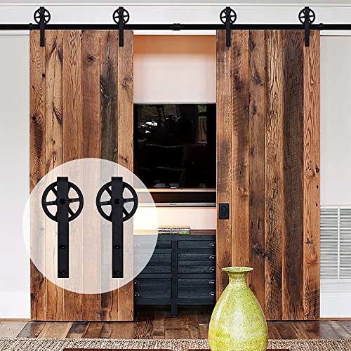 Double Door Sliding Barn Door Hardware Track Kit Basic Big Black Spoke Wheel Roller System 8FT /96" 2 Doors Track Kit