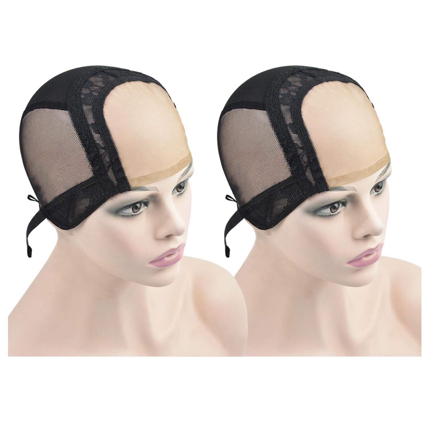 2 Pcs 4X4 Inch U Part Swiss Lace Wig Cap with Adjustable Straps on the Back Glueless Hairnets Lace Mesh Cap for Making Wigs（Black XL）