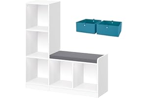 RiverRidge Kids Toy Storage Organizer Bench with 5 Cubby Spots, 2 Turquoise Fabric Bins & Cushioned Seat for Book Nook Playroom Storage