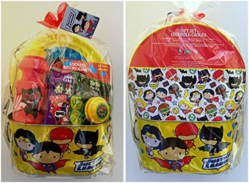 DC Comics Justice League Gift Set Ensemble with Yo-Yo, Sidewalk chalk, Stickers, Water Bottle and Frisbe in keepsake Tin Bucket