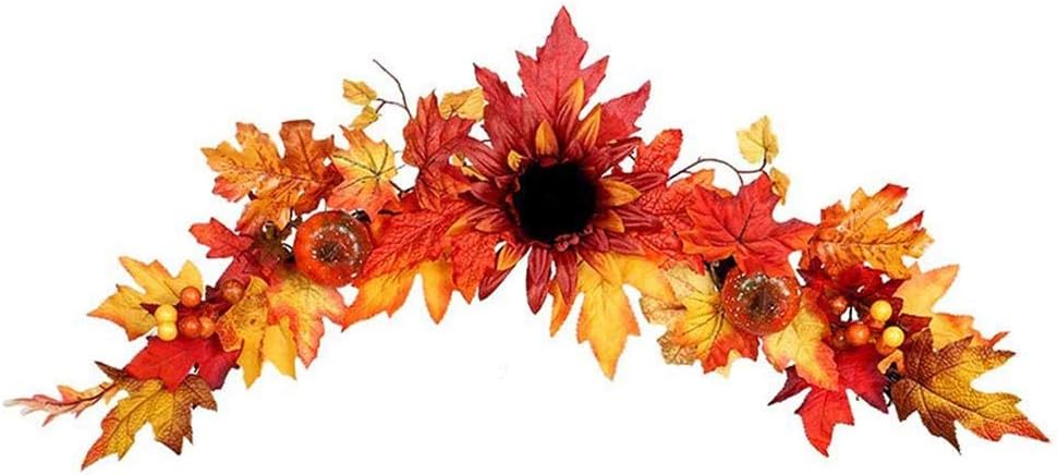 ZN Fall Artificial Sunflower Swag,Swag Wreath with Maple Leave Pumpkins Berries Sunflower With Light for Wedding Arch Front Door Wall Decor (A)
