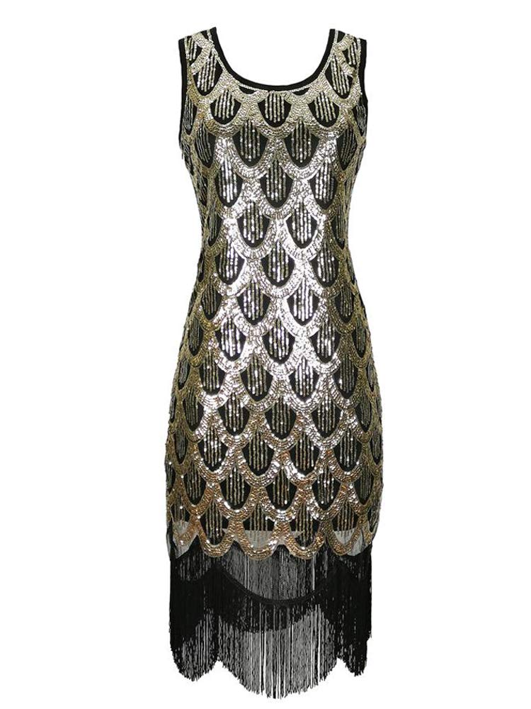 Grouptap 1920s golden gatsby flapper art deco sequin sparkly fancy dress for 1920 women paisley vintage cocktail party (Gold, UK 10)