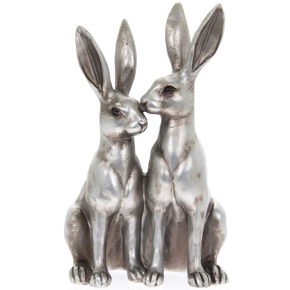 THORNE ANTIQUES AND COLLECTABLES Mr & Mrs Hare Ornament - Pair of Hares Statue in Choice of Colours (Silver)
