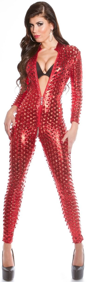 KouCla Wetlook Catsuit with Two Way Zip Overall Jumpsuit In Black And Red Size 8/12 (V18262) - red - 10